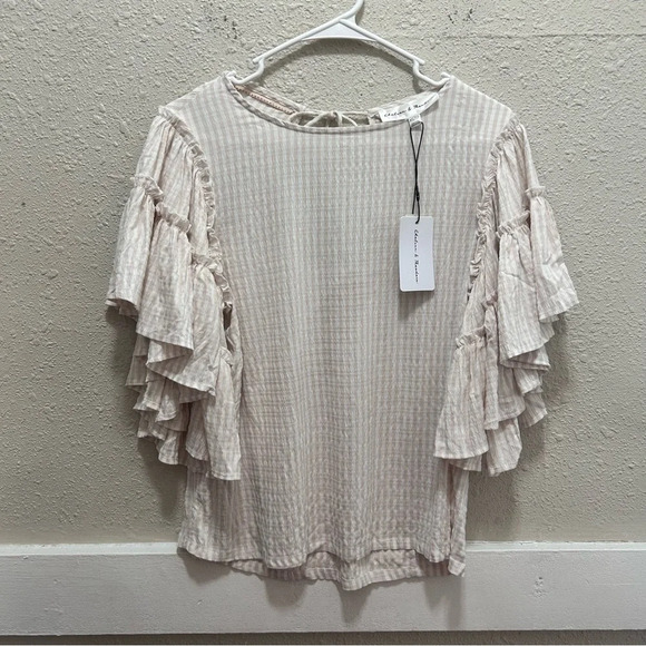Chelsea & Theodore Flutter Bell Sleeves Taupe and White Blouse NWT XS - Picture 3 of 8